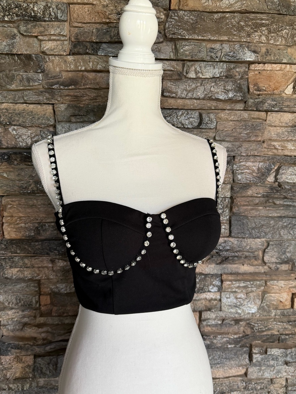 Haute Monde Black Crystal-Embellished Bustier Crop Top